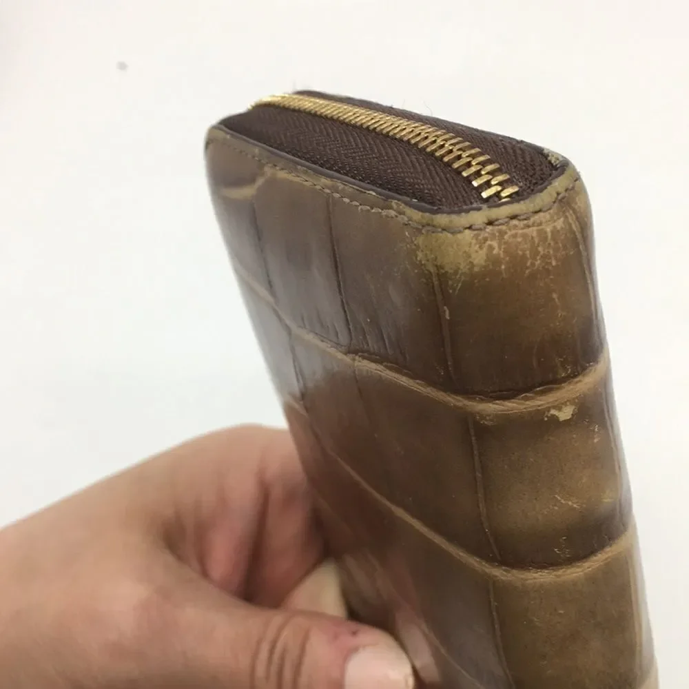 J & M Davidson Tan Leather Croc Embossed zip around zippy long wallet